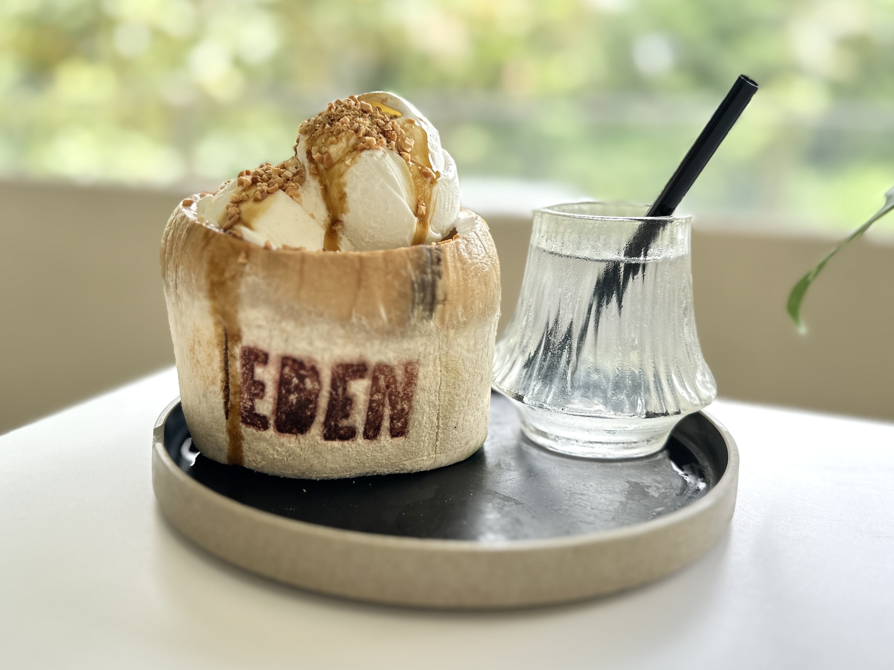 Eden Café coconut ice cream and water