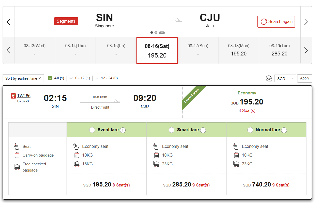 Direct flights from Singapore to Jeju with T'way Air