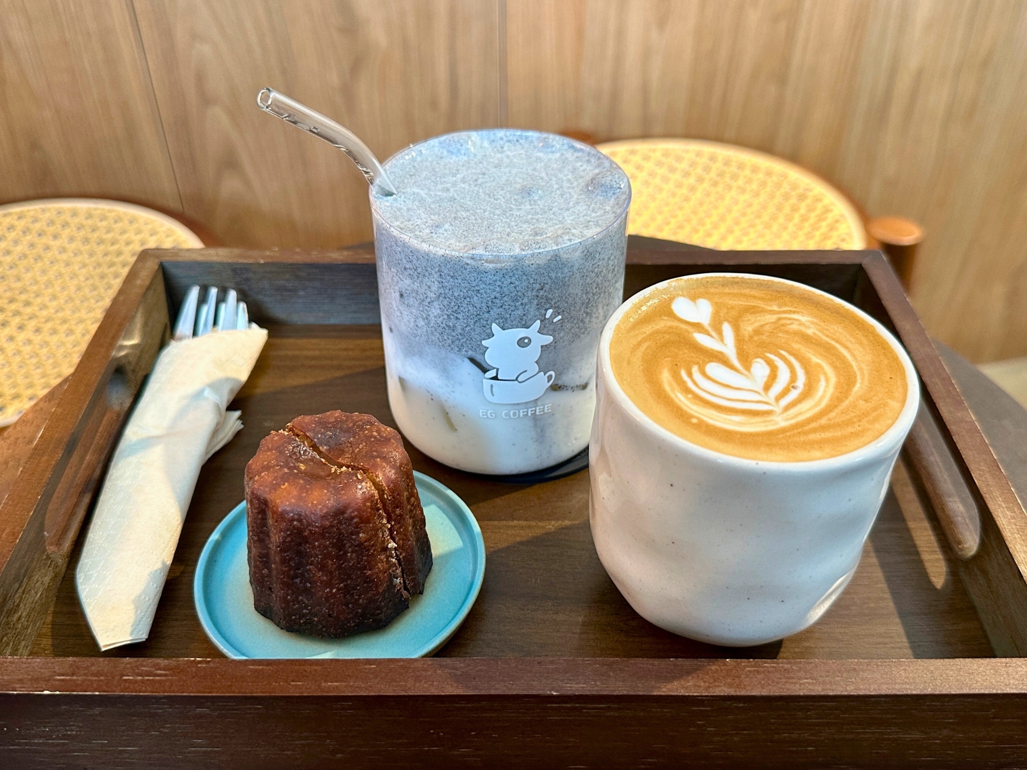 EG Coffee Rum canele, Ice black sesame latte, Flat white