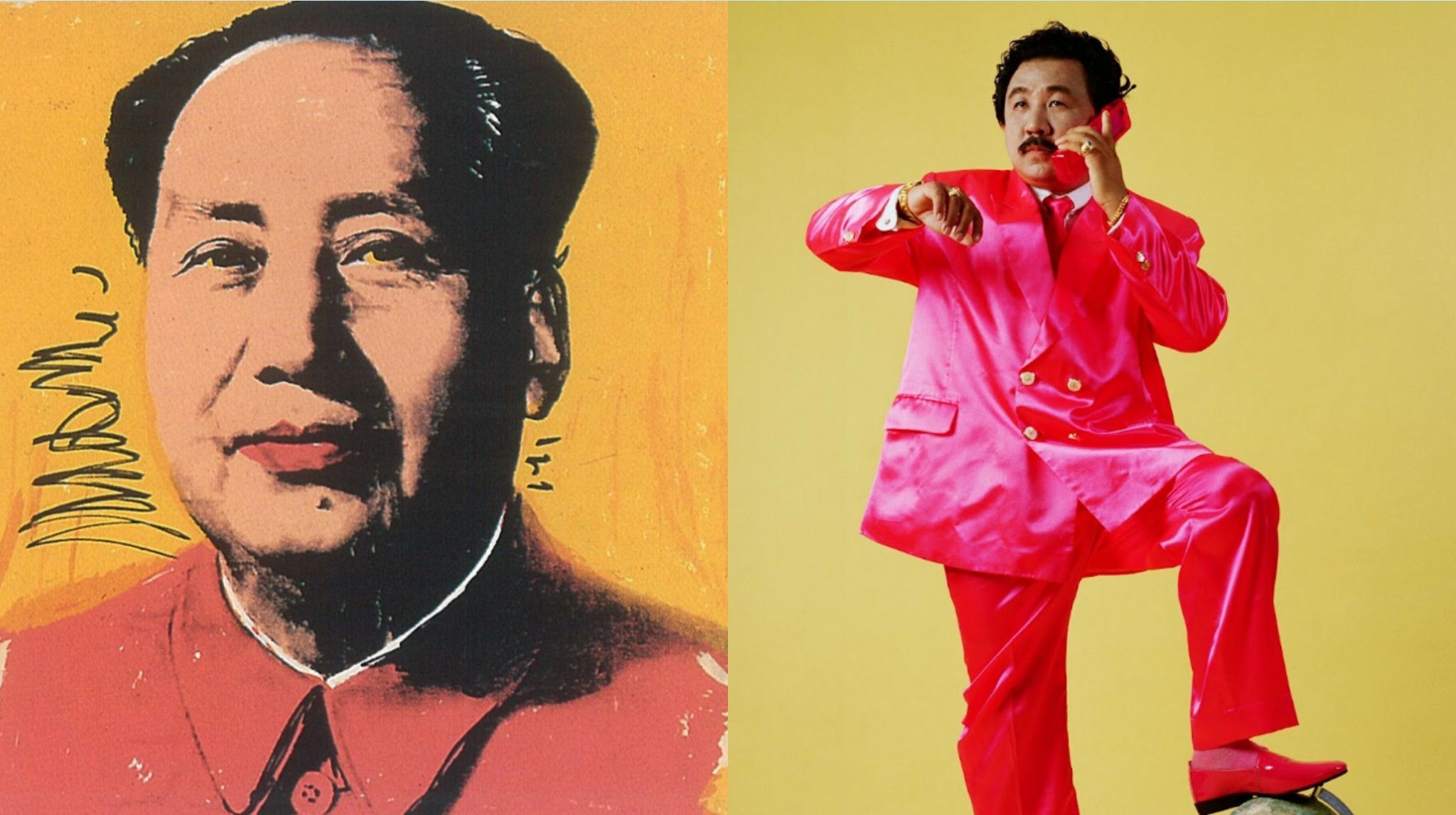 (Left to Right) Andy Warhol. Mao, 1972, Manit Sriwanichpoom. Shocking Pink Collection_ Globalizing Pink Man,1998