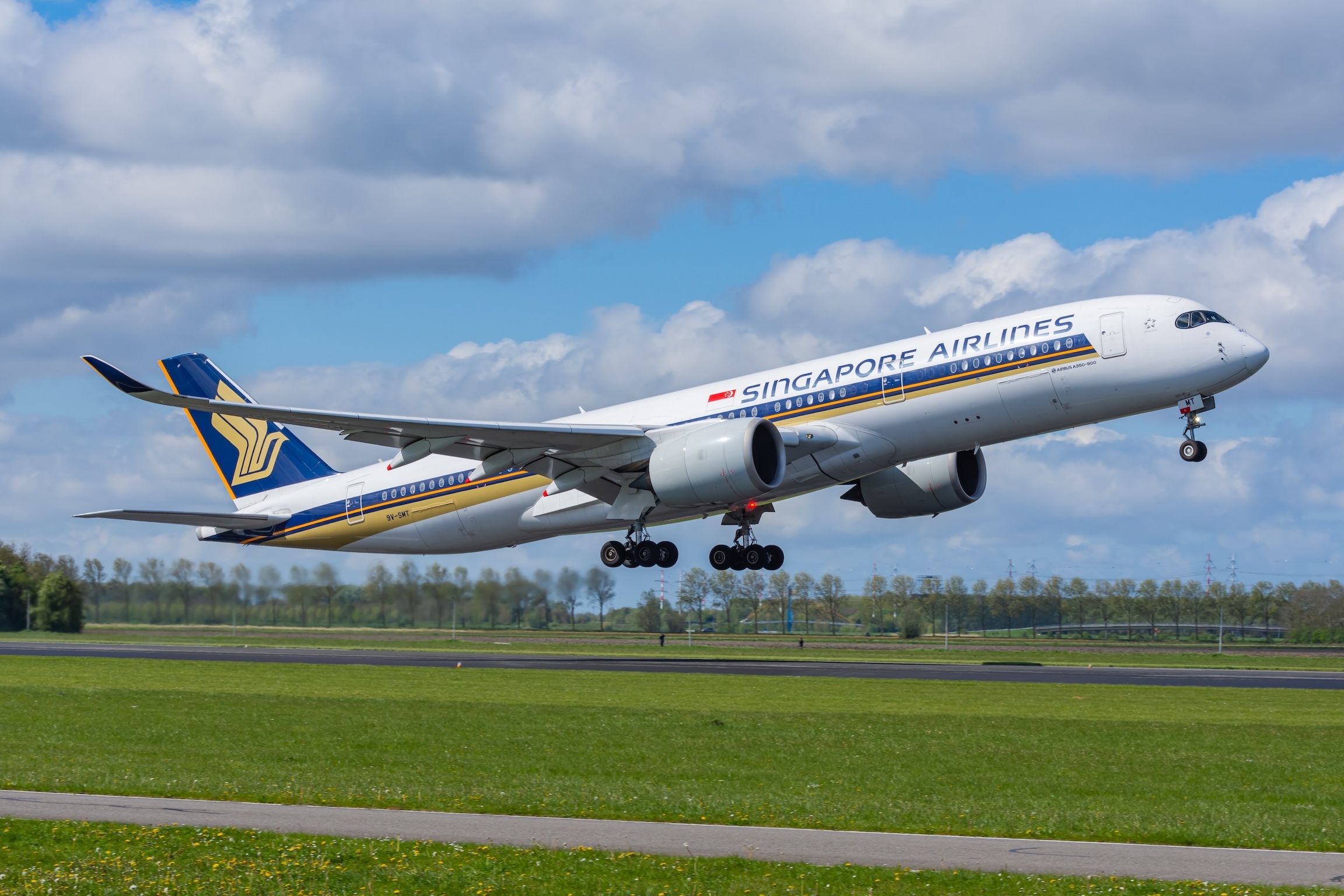 Amsterdam, Netherlands - April 21, 2024: Singapore Airlines Airbus A350-900 taking off from at Amsterdam Schiphol Airport.