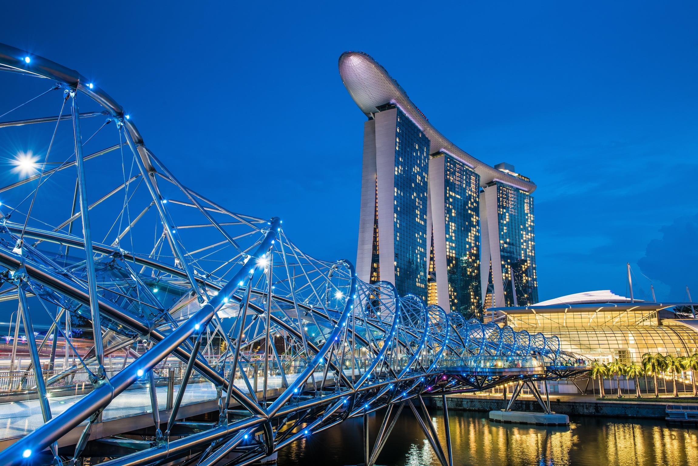 Bay front, Singapore - 04.9.2015: Marina Bay Sands and The Helix bridge in Singapore.