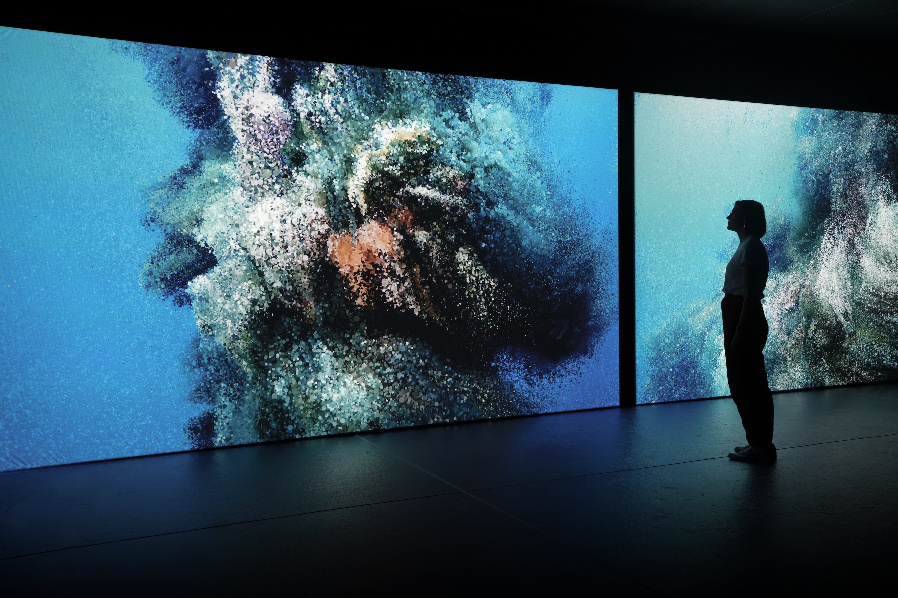 Various scenes depicted in Seeing Echoes in the Mind of the Whale (2024) by Marshmallow Laser Feast at Disseny Hub Barcelona