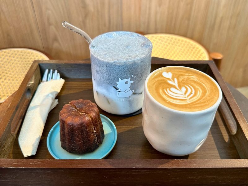 EG Coffee Rum canele, Ice black sesame latte, Flat white